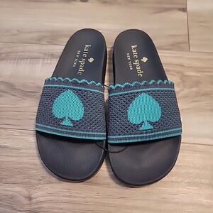Kate Spade La Jolla Pool Slide Sandals Blue‎ Green Spade Logo Open Toe 5 B NEW